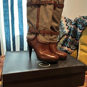 New Cole Haan brown leather with houndstooth boots